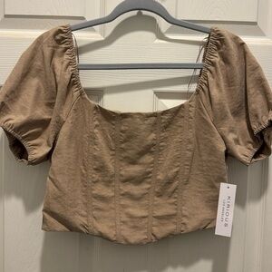 Kirious Los Angeles Tan Smocked Puff‎ Sleeve Crop Top